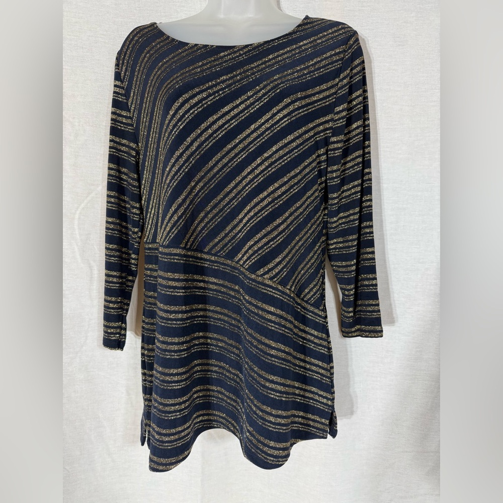 Travelers by Chico’s Striped Navy and Gold Women's knit tunic Size1/Medium